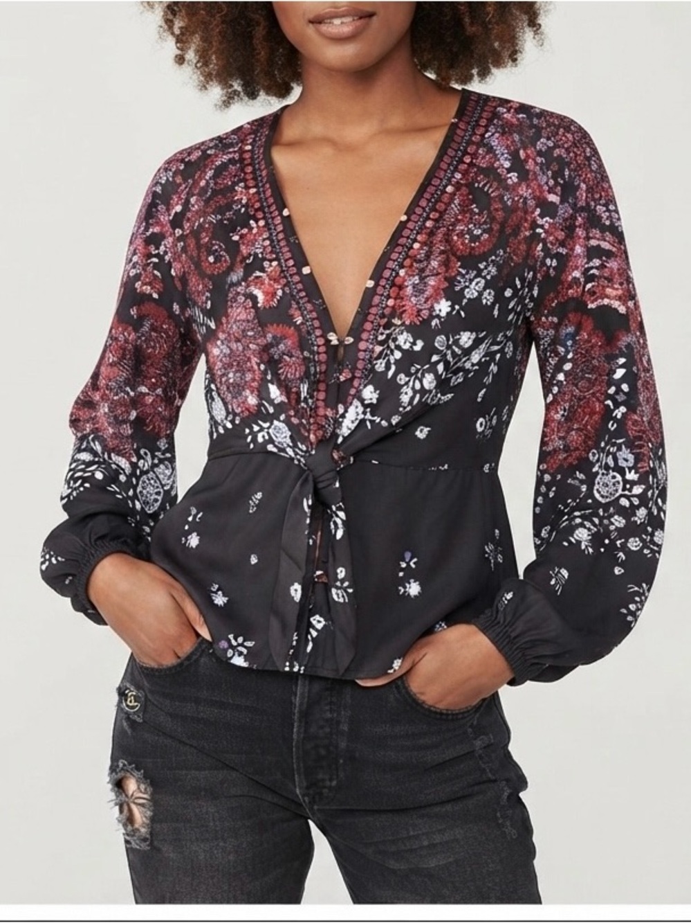 Free People Black Tie-Front V-Neck Peasant Blouse with Red Floral Paisley